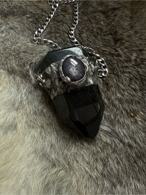 Black Tourmaline and Ruby crystal necklace pendant statement jewelry boho witchy